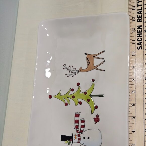 LANG Ceramic Rectangular Whimsy Winter Platter Hand Painted Christmas Snowman - Picture 8 of 11